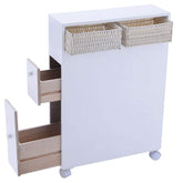 A white storage cabinet featuring two woven baskets for organization and storage.